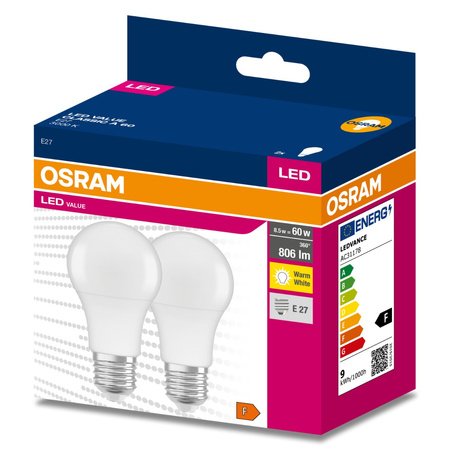 2x LED Lampe E27 A60 8,5W = 60W 806lm 3000K Wärme 200° OSRAM VALUE