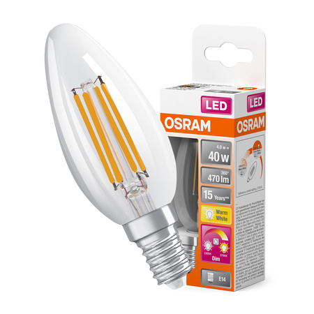 LED Lampen E14 B40 4W = 40W 470lm 2200-2700K Warm 300° Glühfaden Dimmbar OSRAM Superstar 