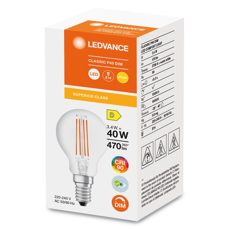 LED Lampen P45 E14 3.4W = 40W 470lm 2700K Warmweiß FILAMENT DIMMABLE LEDVANCE