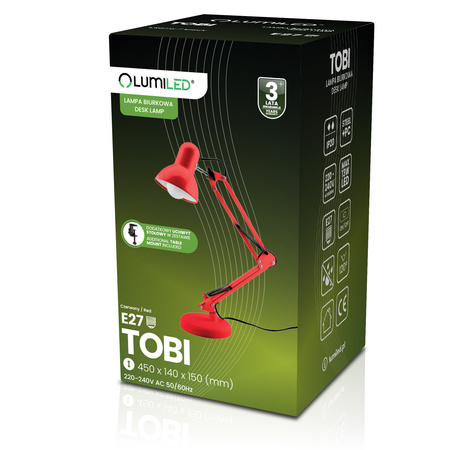 Schreibtischlampe E27, Zeichentisch-Schreibtischlampe mit Tischklemme Rot TOBI LUMILED