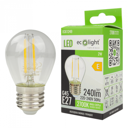 LED Birne Ball P45 E27 2W 240lm 2700K Warm FILAMENT Ecolight