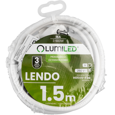 Netzverlängerungskabel Geerdete Steckdosenleiste 1 Steckdose 1,5m Weißes Kabel Lendo Lumiled