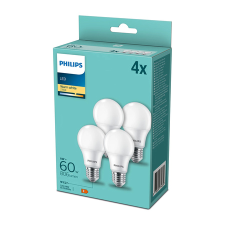 4x LED Lampen E27 A60 8W = 60W 806lm 2700K Warm PHILIPS