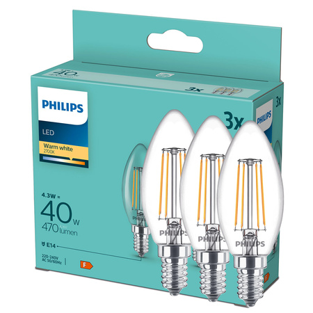 3x LED Lampen E14 Kerze B35 4.3W = 40W 470lm 2700K Warm FILAMENT Philips