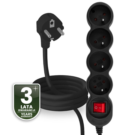 Netzverlängerungskabel Geerdete Steckdosenleiste 4 Steckdosen 1.5m ON/OFF Schalter Schwarz Kabel Lendo Lumiled