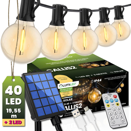 Solar Garten Girlande 40x LED Zierkugeln 19,55m 2700K Warm + Fernsteuerung CALLIS2 LUMILED