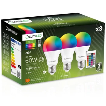 3x LED-Lampe E27 A60 9W = 60W 806lm 3000K + RGB Multicolour 260° Dimmbar Pilot LUMILED