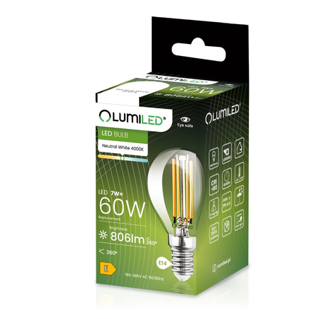 Lampen E14, Glühbirne P45 7W = 60W 806lm 4000K 360° neutral Glühfaden LUMILED