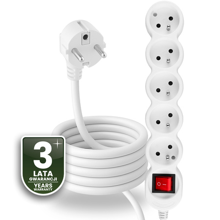 Netzverlängerungskabel Geerdete Steckdosenleiste 5 Steckdosen 3m ON/OFF Schalter Weißes Kabel Lendo Lumiled