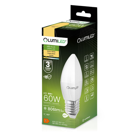 LED Lampen E27, Glühbirne B35 8W = 60W 806lm 180° 3000K warm LUMILED