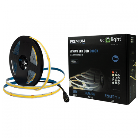 LED-Streifen COB 7W/m 630lm/m 320LED/m 24V 6000K Cold IP20 Rolle 5m + Netzteil + Fernbedienung Ecolight
