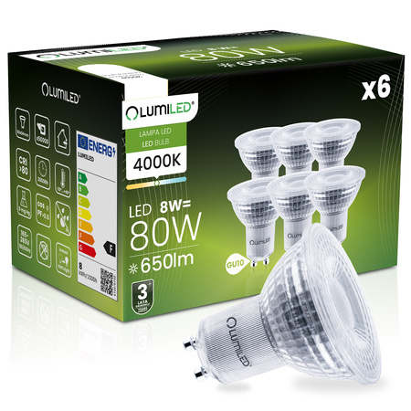 6x LED-Leuchtmittel GU10 Reflektor PAR16 8W = 80W 650lm 4000K Neutral 36° Dimmbar LUMILED