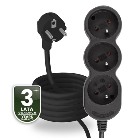 Netzverlängerungskabel Geerdete Steckdosenleiste 3 Steckdosen 3m Schwarzes Kabel Lendo Lumiled