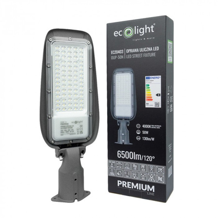 LED-Straßenlampe 50W 6500lm 4000K Neutral IP65 130lm/W PREMIUM Ecolight