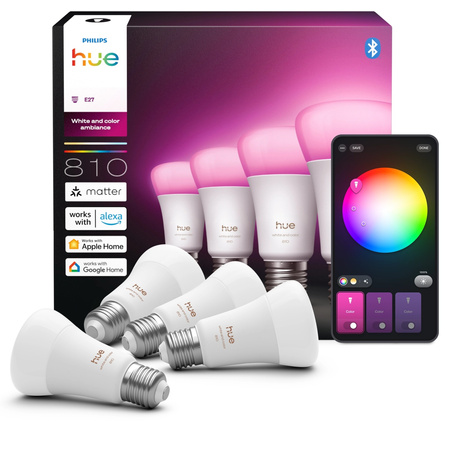 4x LED-Glühbirne E27 A60 6W = 60W 810lm 1800-20000K CCT + RGB SMART Smart Bluetooth ZigBee Weiß und Farbe Ambiance Philips HUE