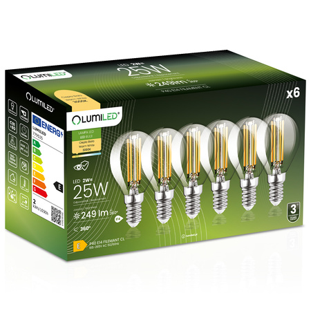 6x LED-Lampe E14 Ball P45 2W = 25W 249lm 3000K Warm 360° FILAMENT LUMILED