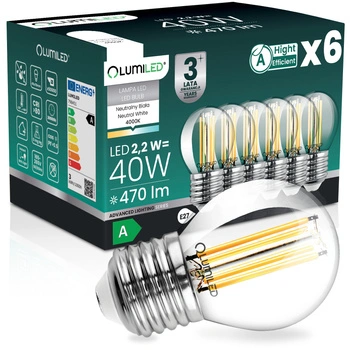 6x LED-Lampe E27 Kugel P45 2,2W 470lm = 40W 4000K neutralweiß 360° Filament Energieklasse A LUMILED