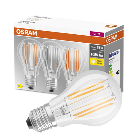 3x LED Lampen E27 A60 CL 7,5W = 75W 1055lm 2700K Wärme 300° Filament OSRAM BASE