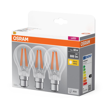 3PAK LED-Glühbirne B22d A60 6.5W = 60W 806lm 2700K Warm 360° Filament OSRAM