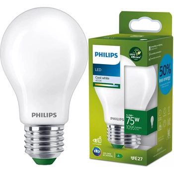 E27 A60 LED Lampen 5,2 W = 75 W, 1095 lm, 4000 K, neutrales Filament, milchig, PHILIPS, ultraeffizient