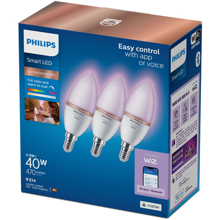 3x LED-Lampe E14 C37 4.9W = 40W 2200-6500K + RGB SMART WiFi Philips WiZ