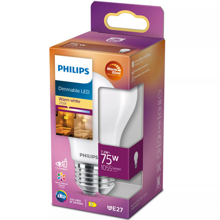 E27 A60 LED Lampen 7,2 W = 75 W, 1055 lm, 2700 warmes Filament, milchig, PHILIPS, dimmbar