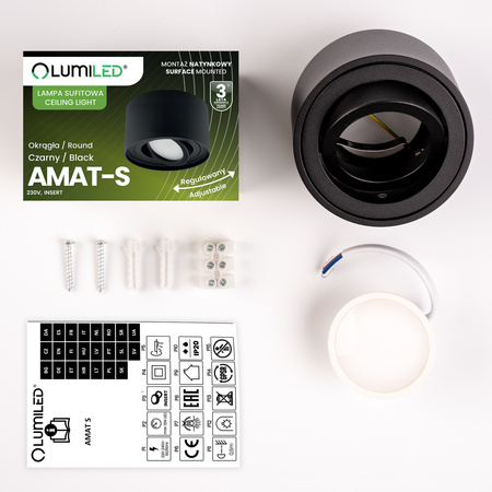 Halogen-Aufbauleuchte, Aufbauspot 50mm Runde Tube Schwarz AMAT-S+LED-Einsatz 7W 3000K LUMILED