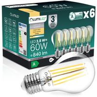 6x LED-Glühbirne E27 A60 3,8W 840lm = 60W 2700K Warm 360° Filament CLASS A LUMILED