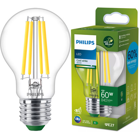 E27 A60 LED Lampen 4W = 60W 840lm 4000K Neutralfaden PHILIPS Ultra Efficient