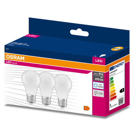 3x LED Lampe E27 A60 4,9W = 40W 470lm 6500K Kalt 180° OSRAM Value