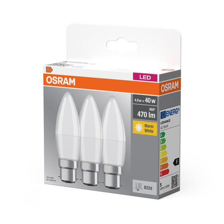 3x LED-Lampe B37 Kerze B22d 4.9W = 40W 470lm 2700K Warm 200° BASE Osram