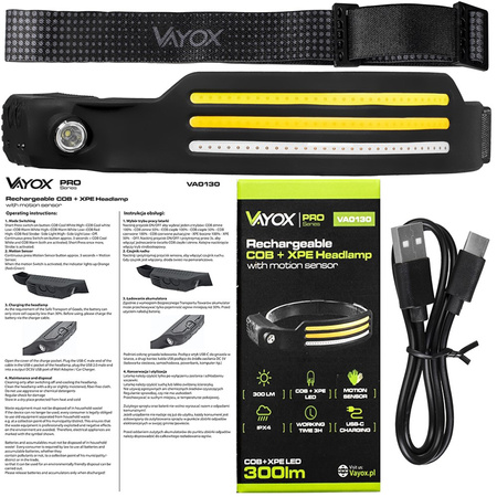 Wiederaufladbare Kopftaschenlampe 3x COB + XPE Pro Series VA0130 VAYOX