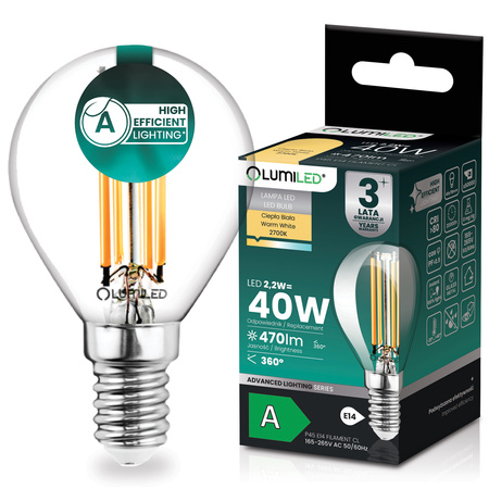 LED-Lampe E14 Kugel P45 2,2W 470lm = 40W 2700K warmweiß 360° Filament Energieklasse A LUMILED
