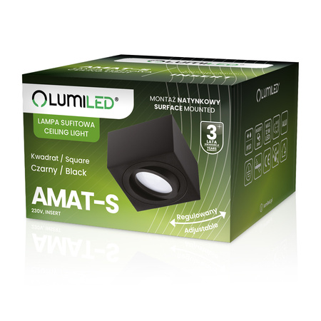 Halogen-Aufbauleuchte, Aufbauspot 50mm beweglich Quadrat Tube Schwarz AMAT-S+LED-Einsatz 5W 3000K LUMILED