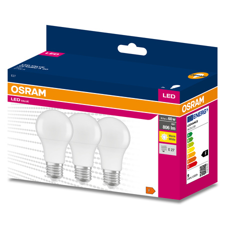 3PAK LED-Lampe A60 E27 8.5W = 60W 806lm 2700K Warm OSRAM Value