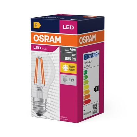 E27 A60 LED Lampen 7W = 60W 806lm 2700K Wärme 320° OSRAM Filament