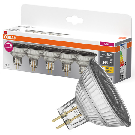 5x LED-Lampe MR16 Reflektor GU5.3 5W = 35W 345lm 2700K Warm CRI90 12V 36° Dimmbar BASE Osram