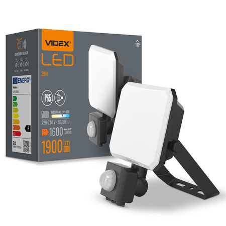 LED-Flutlicht 20W 1900lm 5000K Kalt mit Bewegungs- und Dämmerungssensor Schwarz mit Milchglasschirm Videx