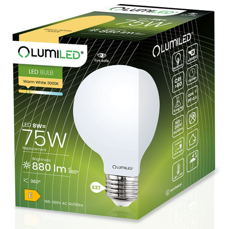 3x LED Lampen E27, Glühbirne G95 8W = 75W 3000K warm Milch Globe Glühfaden LUMILED