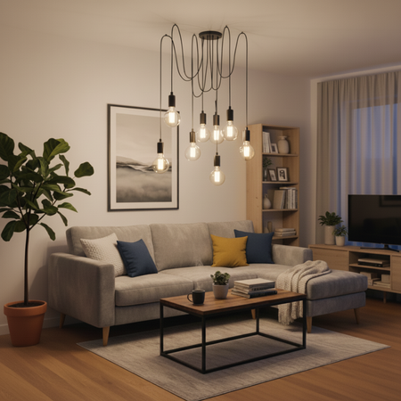 Pendelleuchte mit 8x E27-Sockeln einstellbare, Hängelampe Schwarz mit 8-fach Pendel Spinne Arane LUMILED