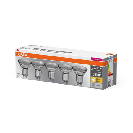 5x GU10 LED Leuchtmittel 4.3W = 30W 350lm 2700K Warm 120° OSRAM Sockel