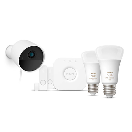 Secure Camera WCA E27 Set + 2x Kontaktsensor + 2x weiße und farbige Ambiance E27 Philips Hue Glühbirnen