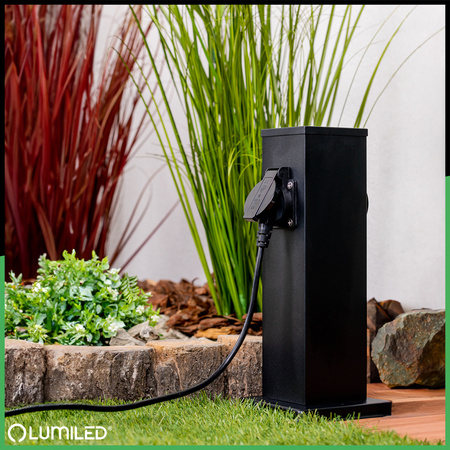 Gartenleuchte mit 2x Steckdose, Außenstehleuchte Pollerleuchte 230V 30cm Schwarz IBERI LUMILED