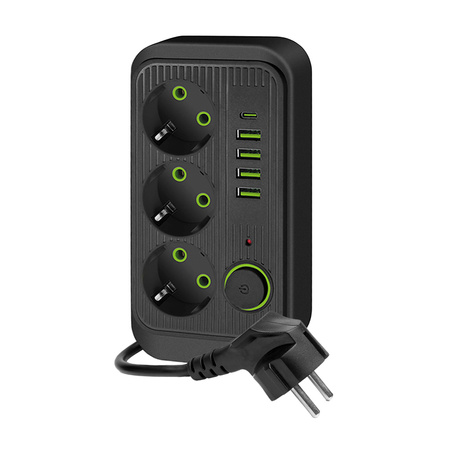 KOBI LINEA PRO Verlängerungskabel 3x230V 5m Masse, Schalter und 5xUSB Schwarz