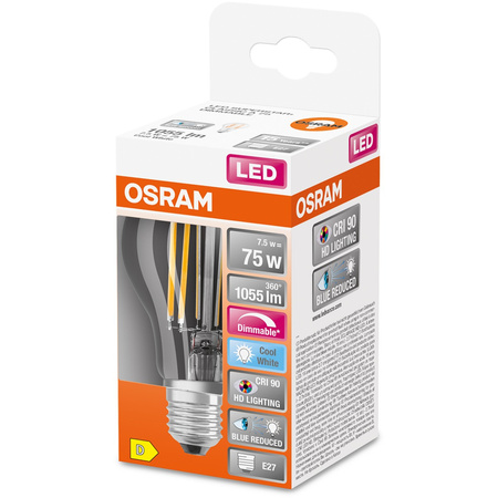 LED-Lampe E27 A60 7.5W = 75W 1055lm 4000K Neutral 300° CRI90 Glühfaden Dimmbar OSRAM SUPER STAR+