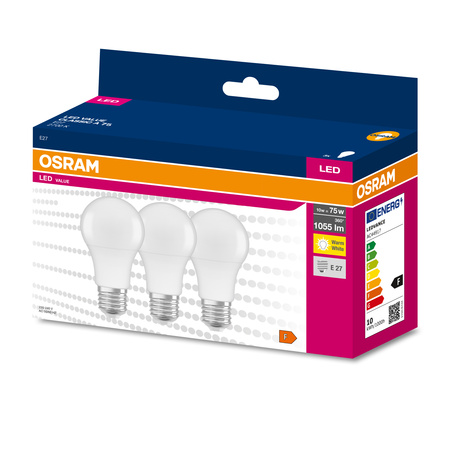 3PAK LED-Lampe E27 A60 10W = 75W 1055lm 2700K Warm OSRAM Value