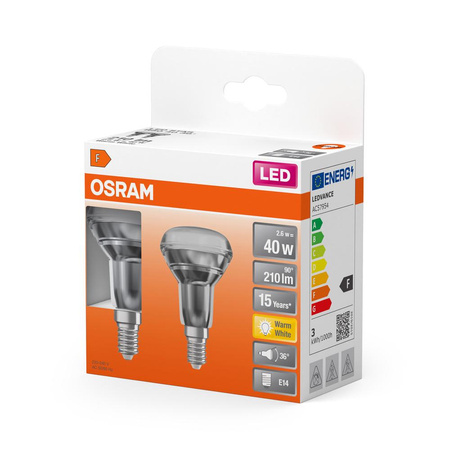 2x LED Lampe E14 R50 2,6W = 40W 210lm 2700K Warm 36° OSRAM STAR