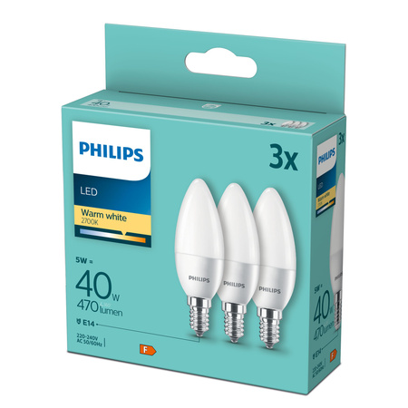 3x LED Lampen E14 Kerze B35 4.9W = 40W 470lm 2700K Warm Philips