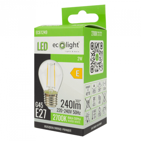 LED Birne Ball P45 E27 2W 240lm 2700K Warm FILAMENT Ecolight
