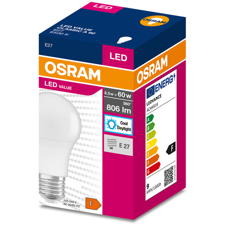 LED Leuchtmittel E27 A60 9W = 60W 806lm 6500K Kalt 200° OSRAM